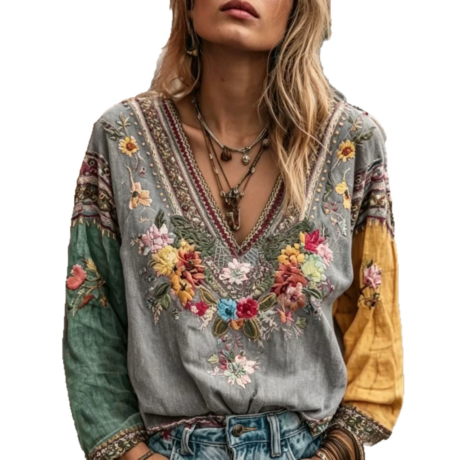 European And American Women's Casual Retro Bohemian V-neck Top Ethnic Style Long Sleeves_ecoleips.com