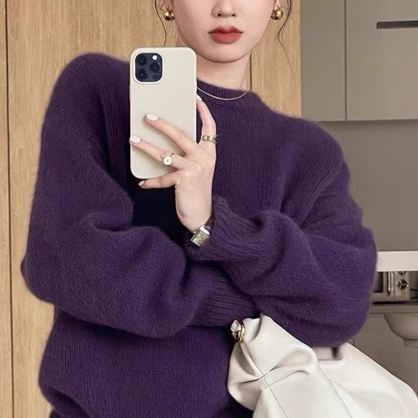 今年流行的紫色羊绒毛衣女新款秋冬高级感奶fufu加厚针织衫上衣潮|undefined
