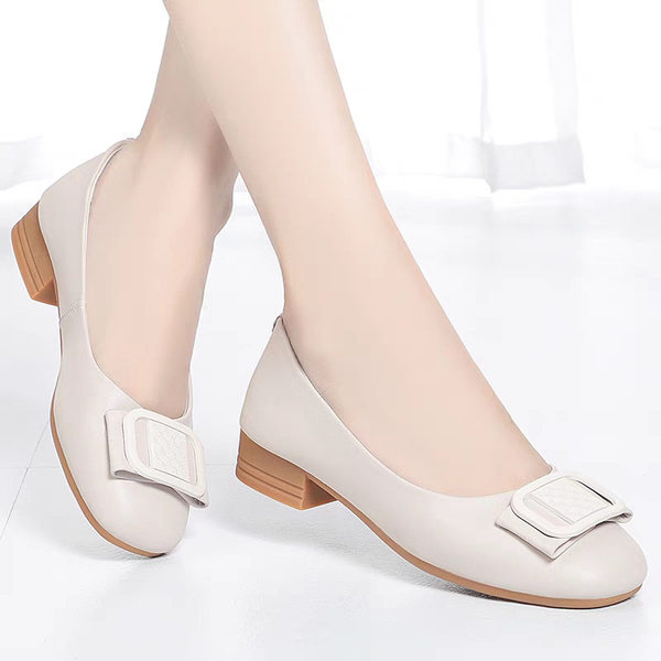 Giày búp bê nữ da thật gót thấp đế mềm thoáng khí miệng nông — màu be
