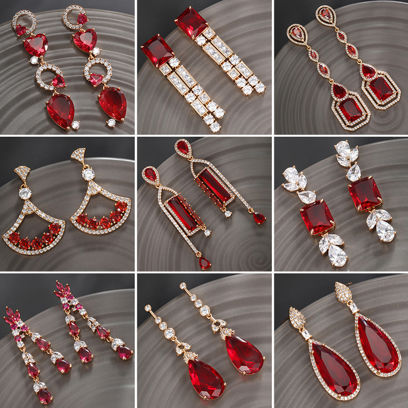 Xuping joyería retro rojo europeo y americano color de imitación ligero lujo completo pendientes de diamantes largos pendientes de ventilador de gota cuadrada
