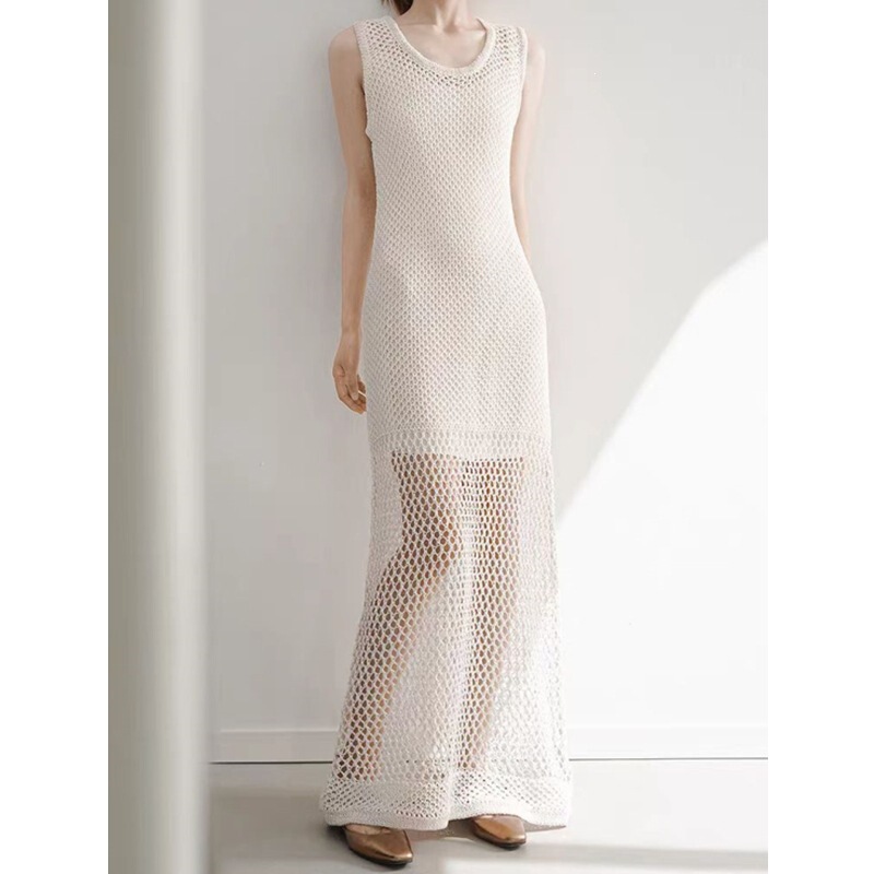 Sleeveless Solid Color Sexy Hollow-Out Mesh Knit Patchwork Pullover Vest Dress Slim Fit Long Dress for Women