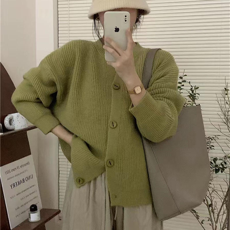 Round neck solid color Knitted button cardigan women's long sleeve autumn new versatile loose lazy casual sweater coat