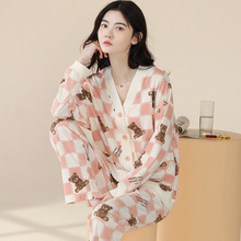 100%棉睡衣女春秋纯棉和服领长袖秋冬开衫舒适外穿全棉家居服套装