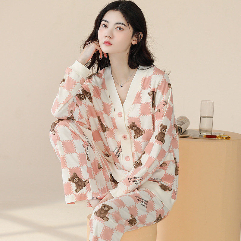 100%棉睡衣女春秋纯棉和服领长袖秋冬开衫舒适外穿全棉家居服套装