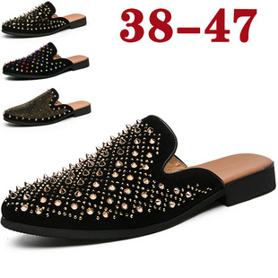 2025 cross-border plus size new Korean men's half-tow pointed Genuine Leather head leather shoes rhinestone metal