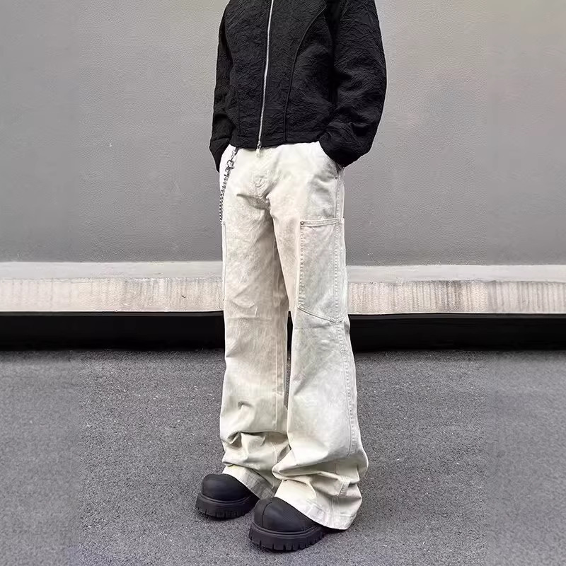 American Vibe Retro Pocket Marble-Patterned Jeans Unisex Loose Cleanfit Fashion Straight Casual Pants