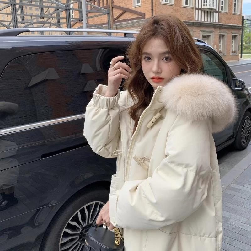 Women's Mid-Length down Jacket 2025 Winter New Fashion Fur Collar Niche Design White Duck down Thickeneded Jacket