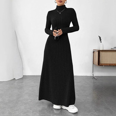 ヨーロッパとアメリカのクロスボーダー秋と冬の婦人服気質スリムハイカラーファッショナブルなソリッドカラーピットストリップ起毛長袖ドレス女性用