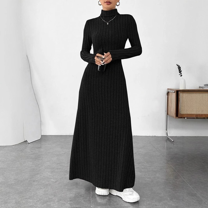 European and American Cross-Border Autumn and Winter Women's Clothing, Slim-Fitting High Collar, Fashionable Solid Color Pit Strip Brushed Long-Sleeved Dress for Women European and American Cross-Border Autumn and Winter Women's Clothing, Slim-Fitting High Collar, Fashionable Solid Color Pit Strip Brushed Long-Sleeved Dress for Women