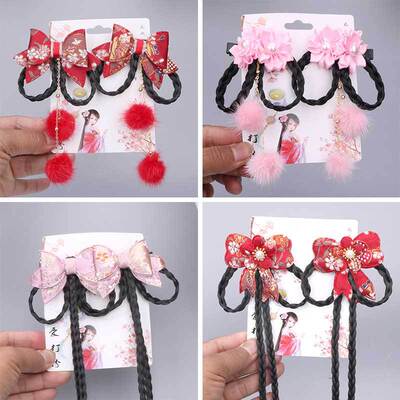 蝴蝶结貂毛球假发辫子儿童发夹宝宝喜庆花朵古风主民族发饰