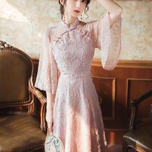 法式复古中国风旗袍改良版蕾丝连衣裙收腰显瘦气质仙女裙温柔