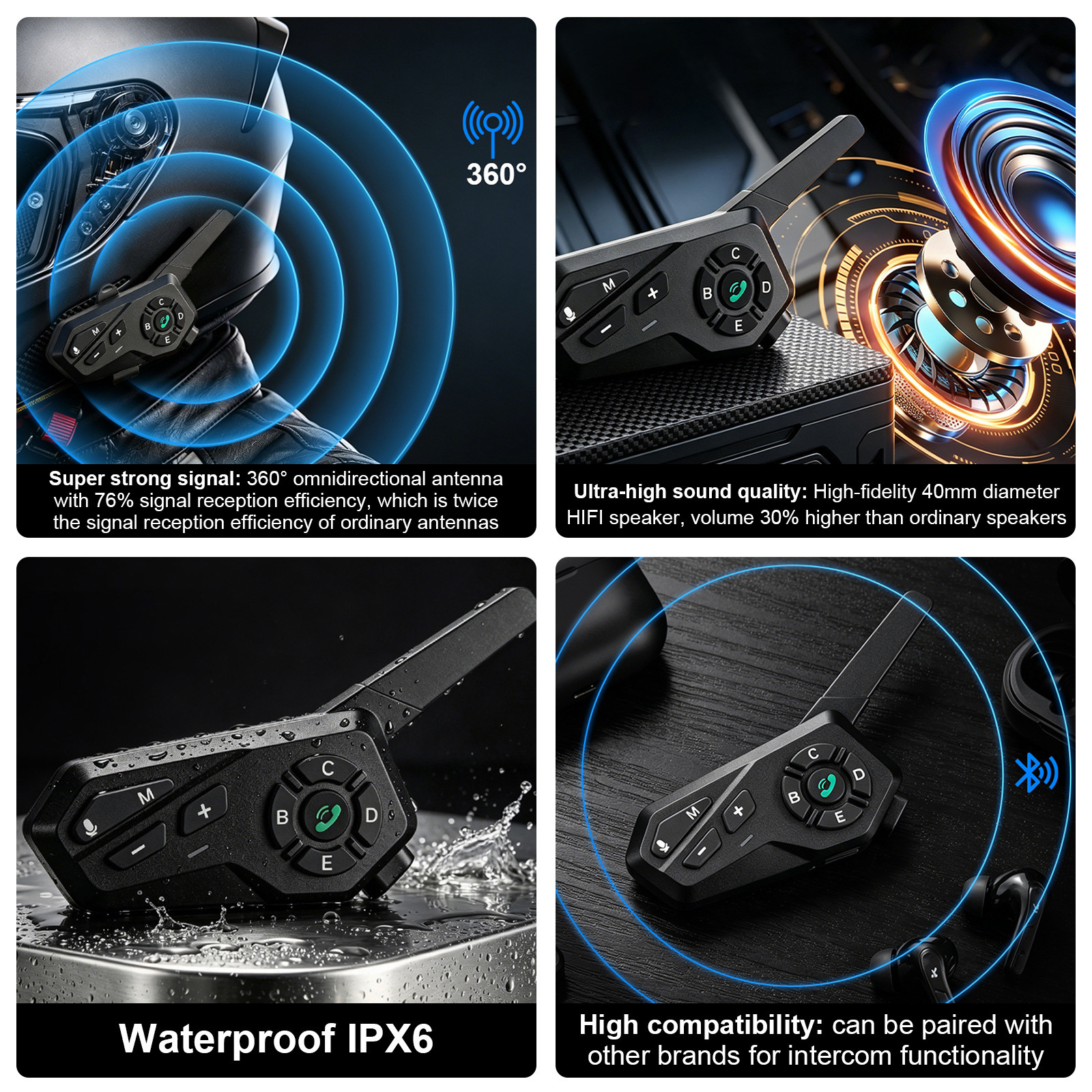 X6 Motorcycle Helmet Bluetooth Intercom 1500m Waterproof IPX6 Stereo Riding Headset