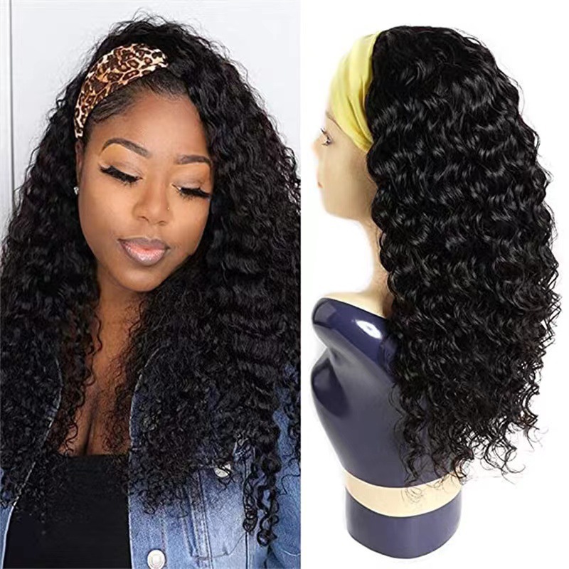 Peluca de diadema rizada para mujer, cabello negro rizado con raya al medio, cabello sintético, clip sintético_voghion.com
