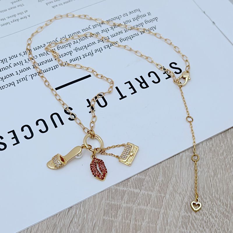New European and American jewelry personality flash diamond red lip cute three-dimensional bag creative high heels multi-pendant necklace clavicle chain