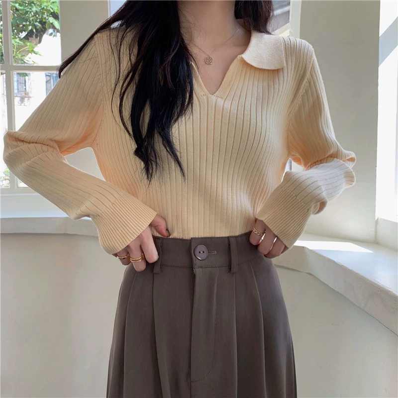 Ретро-топ с воротником-поло из абрикосового трикотажа для женщин, осень 2025, новинка в корейском стиле, трикотаж с длинным рукавом, модные студенческие топы