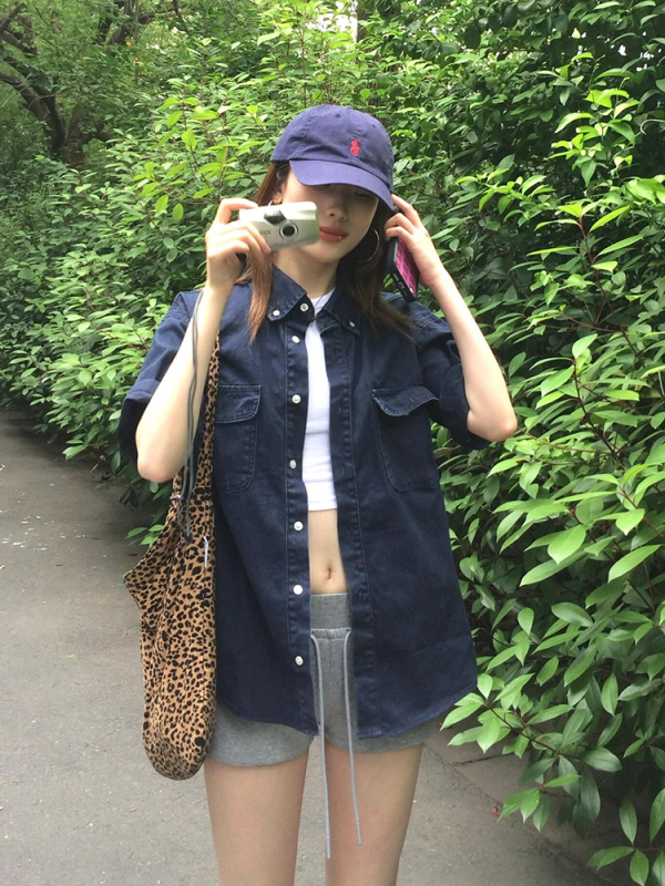 复古短袖衬衫女夏季宽松百搭古早日杂穿搭男女款水洗牛仔衬衣外套|undefined