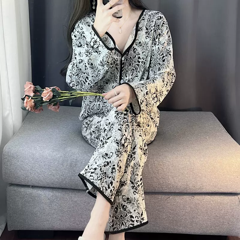 淘宝直播睡衣女春秋云朵棉小翻领开衫长袖宽松甜美家居服套装
