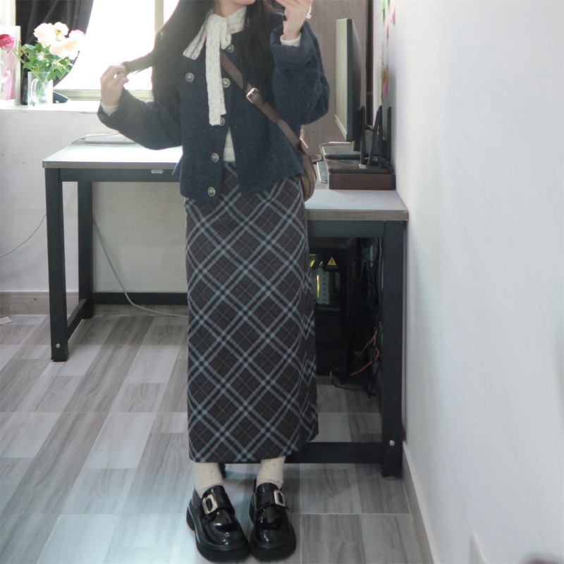 韩版毛呢格纹半身裙女大码胖mm秋季高腰显瘦长裙百搭a字包臀短裙|undefined