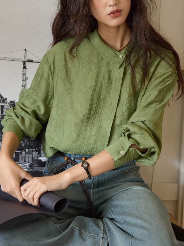 【8/25 零点新品9折】solighte 法式亚麻不对称翻领提花衬衫女秋|undefined