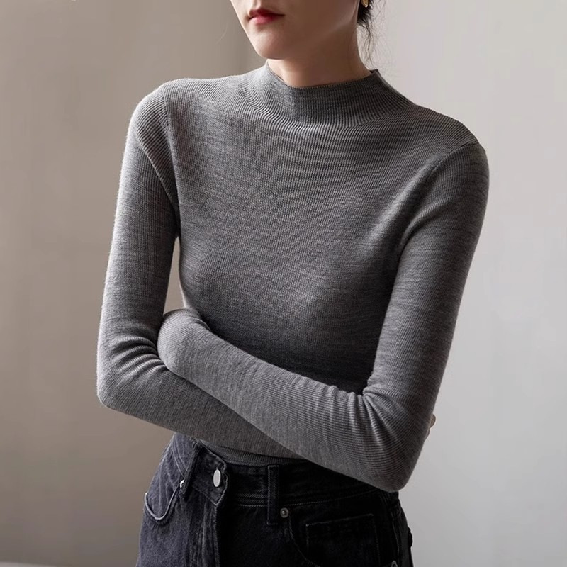 Gray Half Turtleneck Knitted Bottoming Shirt for Women in Autumn and Winter, High-End, Slim and Elegant, Soft and Waxy Right Shoulder Top with Sweater Inside