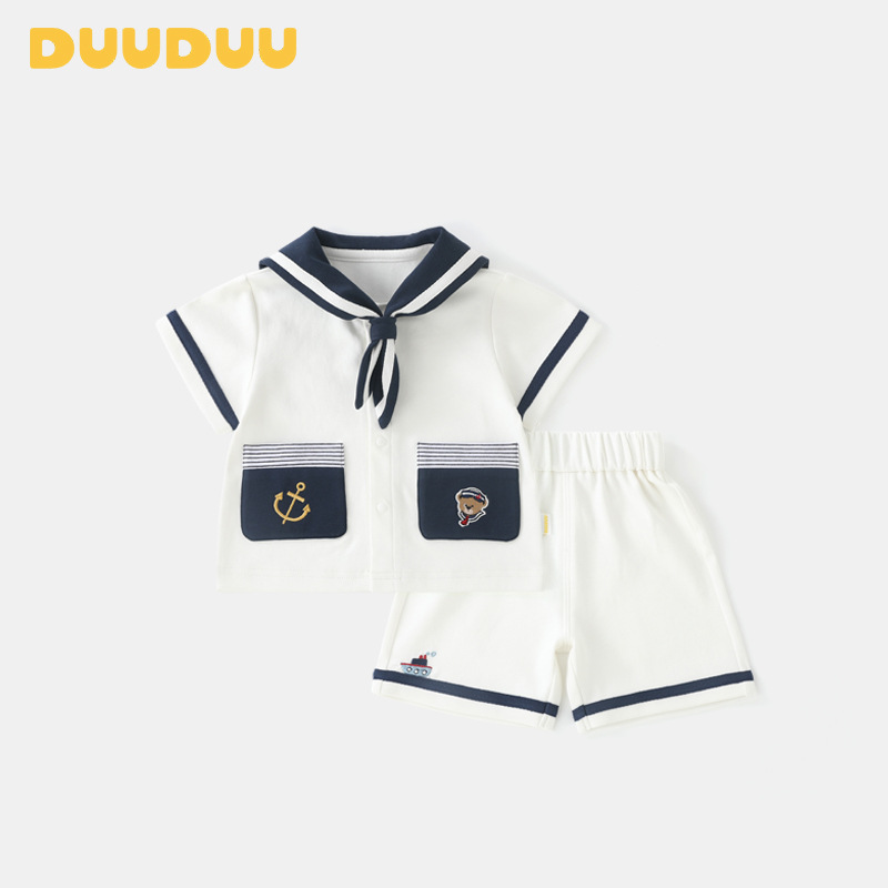 Duuduu Navy Style Children's Clothing Summer Thin Baby Clothes Class a Boys' Short-Sleeve Top and Shorts Children's Set