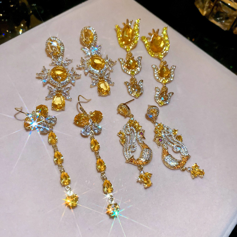 银针猫眼石黄色镶钻圆圈耳环轻奢高级感耳钉小众设计精致时尚耳饰|undefined