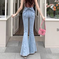 小个子亦菲同款立体后腰3D蝴蝶结微喇牛仔裤女高腰显瘦马蹄喇叭裤