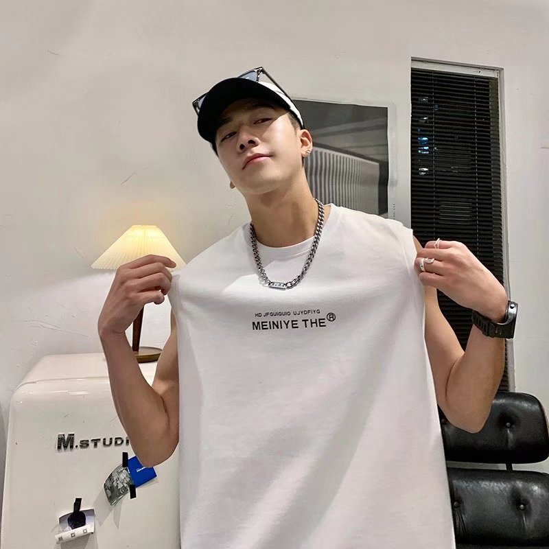 Sports Vest Men's Trendy Brand 2025 Summer New Round Neck Sweaty Sleeveless Shirt White Loose Quick-Drying Top