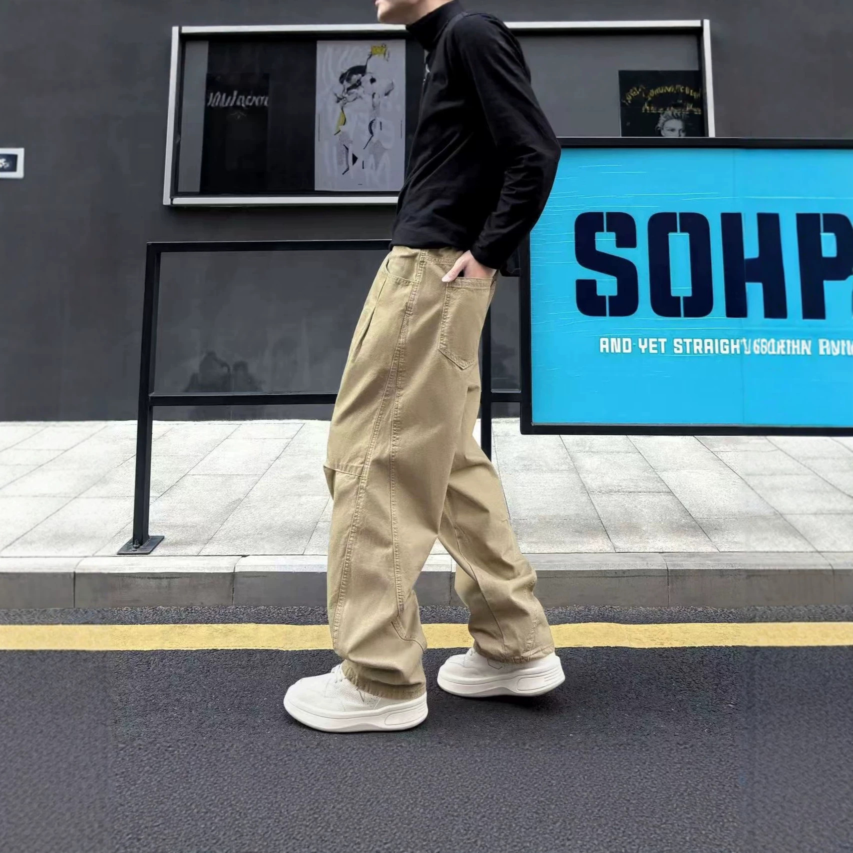 2026 Spring New Style Textured Lazy White Straight Leg Casual Pants for Men and Women, Trendy Brand Patchwork Cargo Wide Leg Trousers