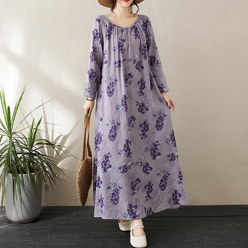 Actual Shot of 2025 Early Spring New Round Neck Pleated Loose Lazy Skirt Normcore Long-Sleeved Maxi Dress Holiday Style
