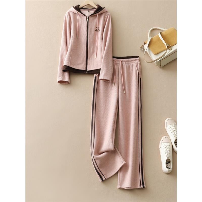 Casual Sports suit 2025 Spring and Autumn New Women's Hooded Short Jacket Straight Pants Two-Piece Pink Sportswear Casual Sports suit 2025 Spring and Autumn New Women's Hooded Short Jacket Straight Pants Two-Piece Pink Sportswear