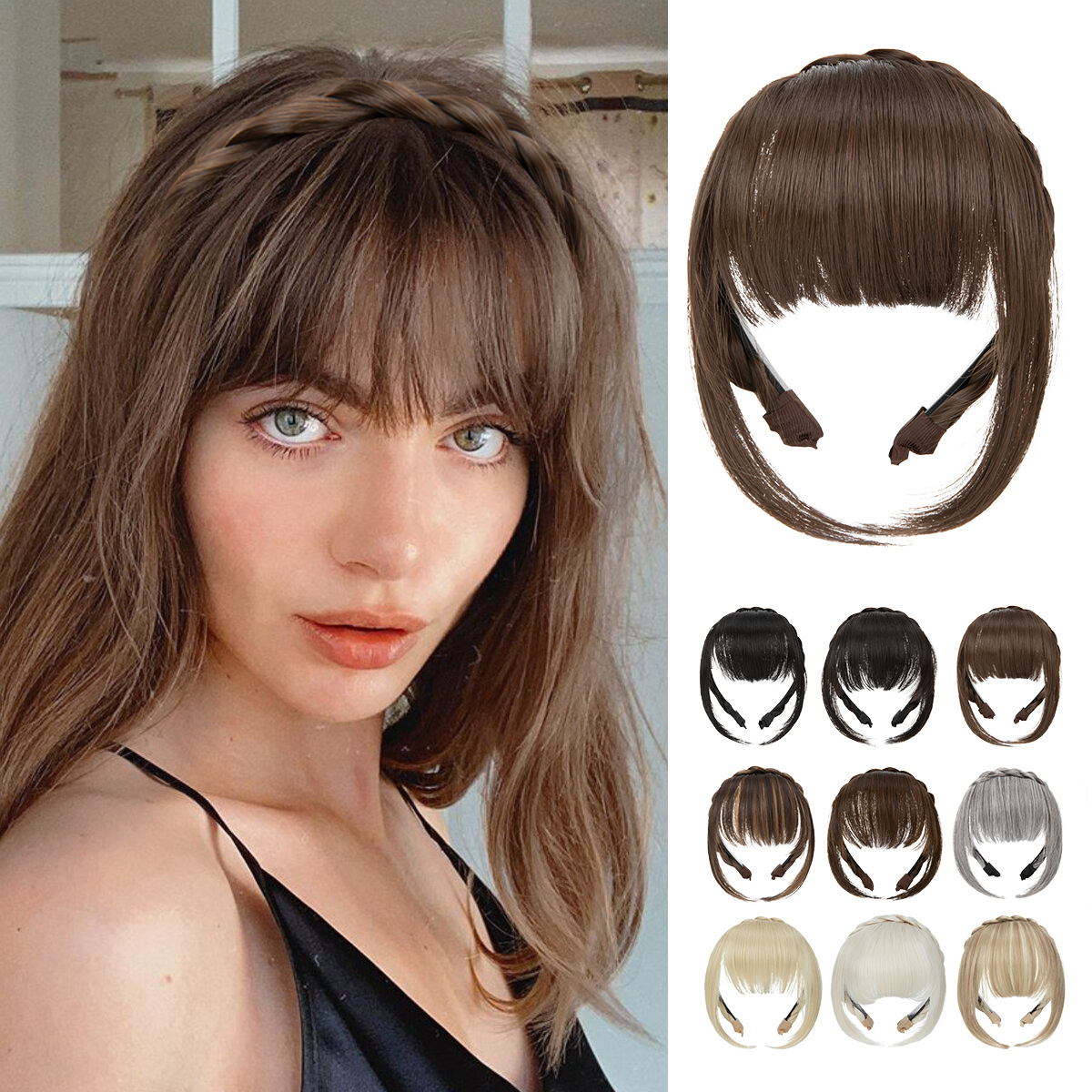 厂家直销发箍刘海仿真麻花辫一体假发片防滑刘海假发片遮白发头套