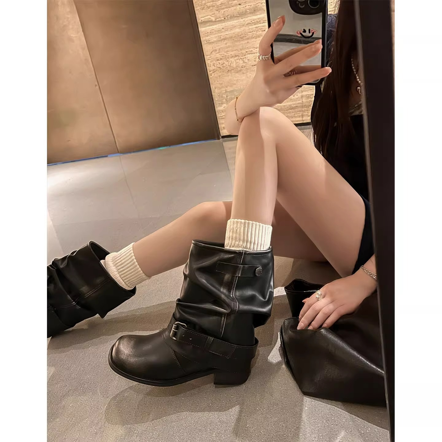 Wide-leg Stacked Pleated Cuff Western Cowboy Chunky Heel Riding Short Boots 2025 Fall/Winter New Style Fashionable And Versatile_voghion.com