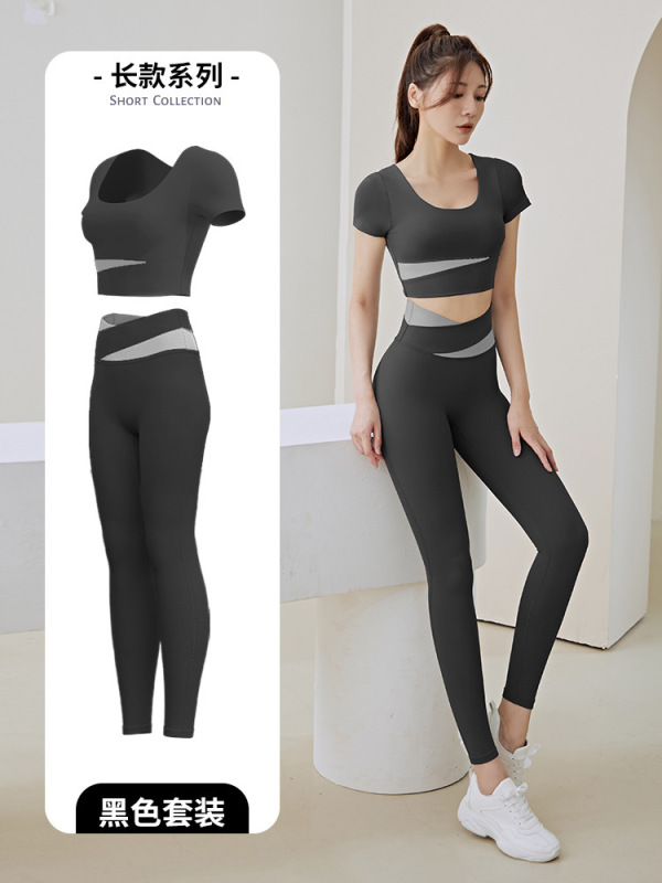 色合わせ半袖ヨガ服セット女性春夏露臍短い上着ヒップパンツランニングトレーニング服|undefined