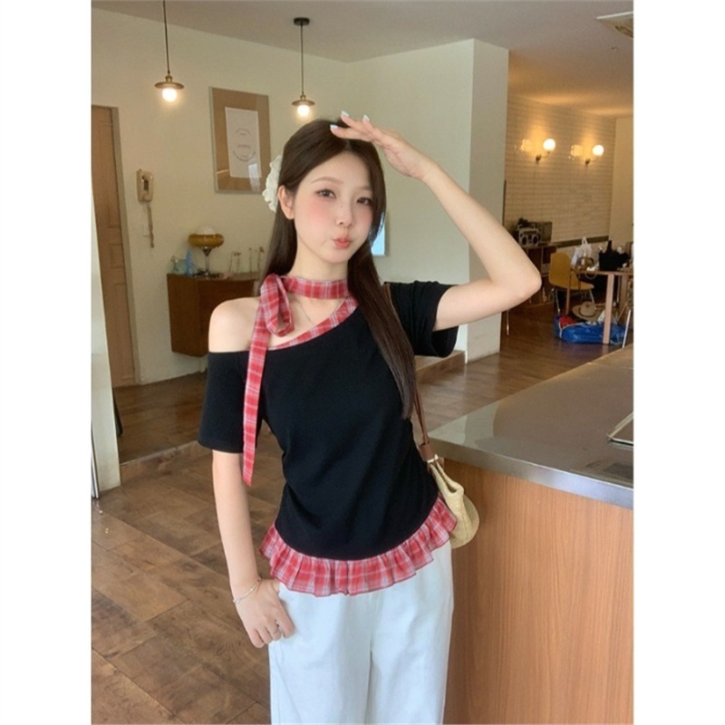 レッドチェック柄オフショルダー半袖Tシャツレディース2025新作不規則デザイントップス|undefined