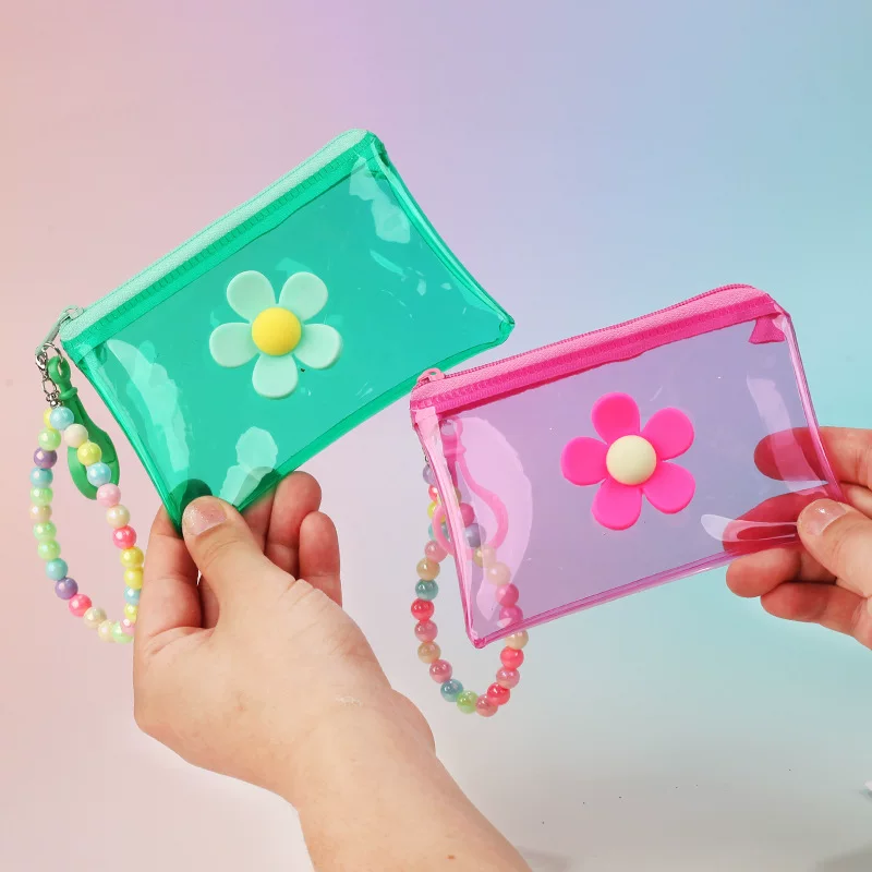 Прозрачный кошелек PVC, аксессуар, маленькая сумка для ключей, organizer bag, держатель карт, с цветочным принтом, оптом