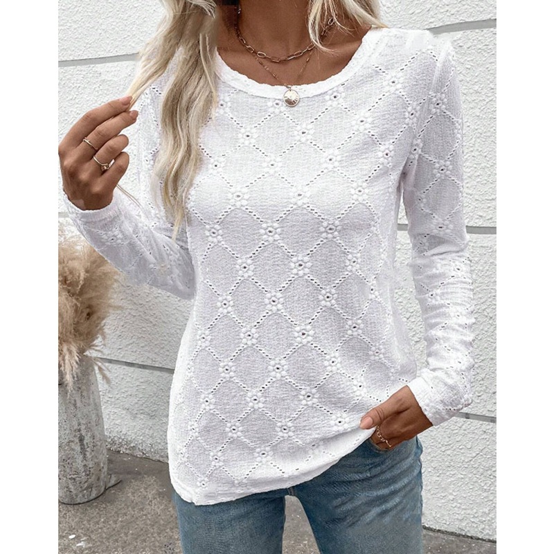 Women's Clothing Solid Color Jacquard Round Neck Long Sleeve T shirt Tops_voghion.com