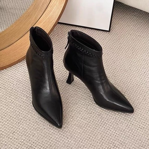 Boot nữ da thật cổ thấp mũi nhọn gót cao 6 cm phong cách công sở — Màu nâu, Màu đen