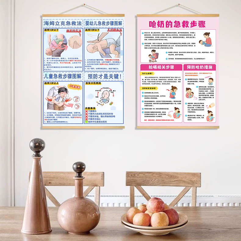 Heimlich picture + new pink baby choking milk picture / 30*40cm (solid wood hanging scroll + canvas) comes with hook