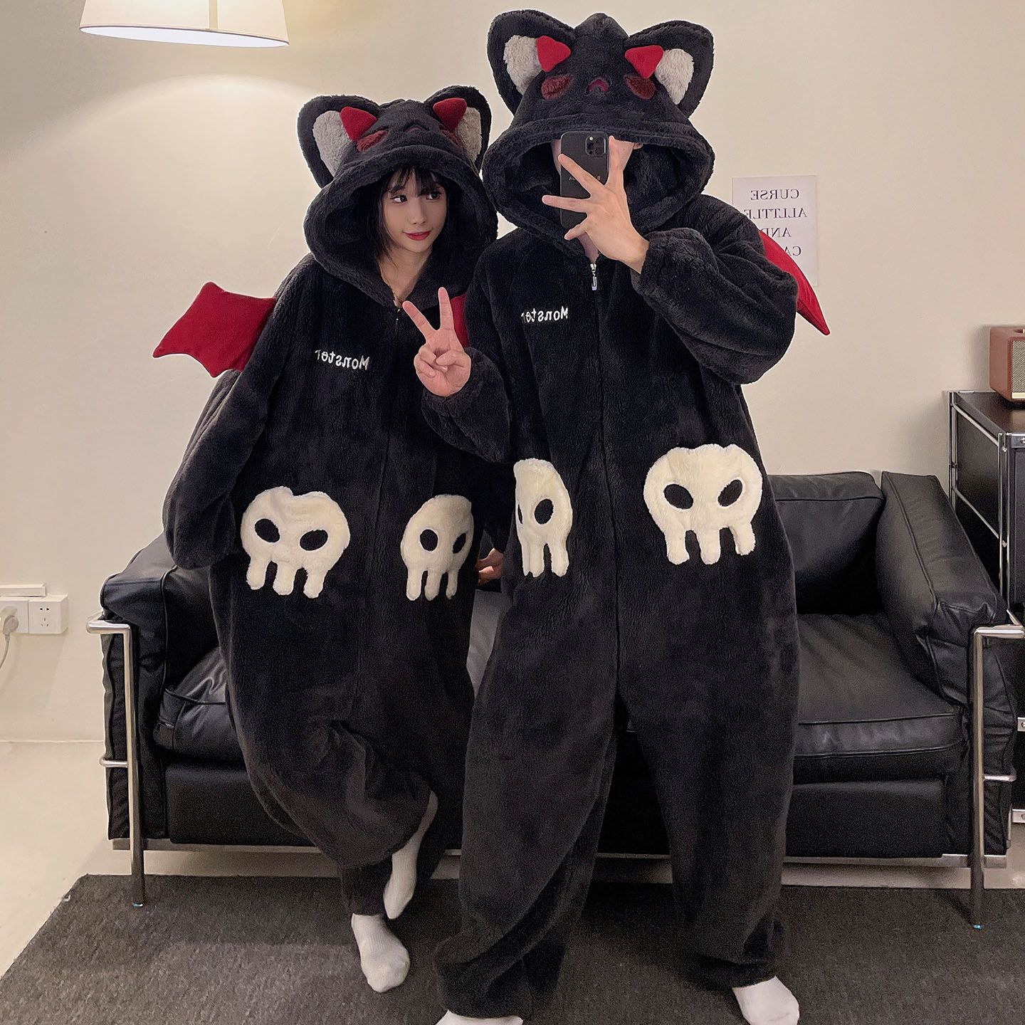 Winter New Couple One-Piece Pajamas Funny Onesies Hooded Home Clothes Men's Cartoon Pajamas Coral Fleece Thickened