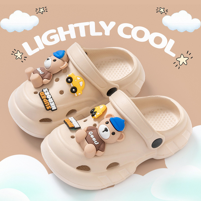 Eva Kidsren's Crocs Cartoon Bear Summer Thick-Soled Non-Slip Slippers for Boys and Girls, Indoor and Outdoor Wear