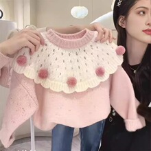 2026秋冬女童毛衣新款韩版毛球花边加厚套头衫洋气外穿打底衫跨境