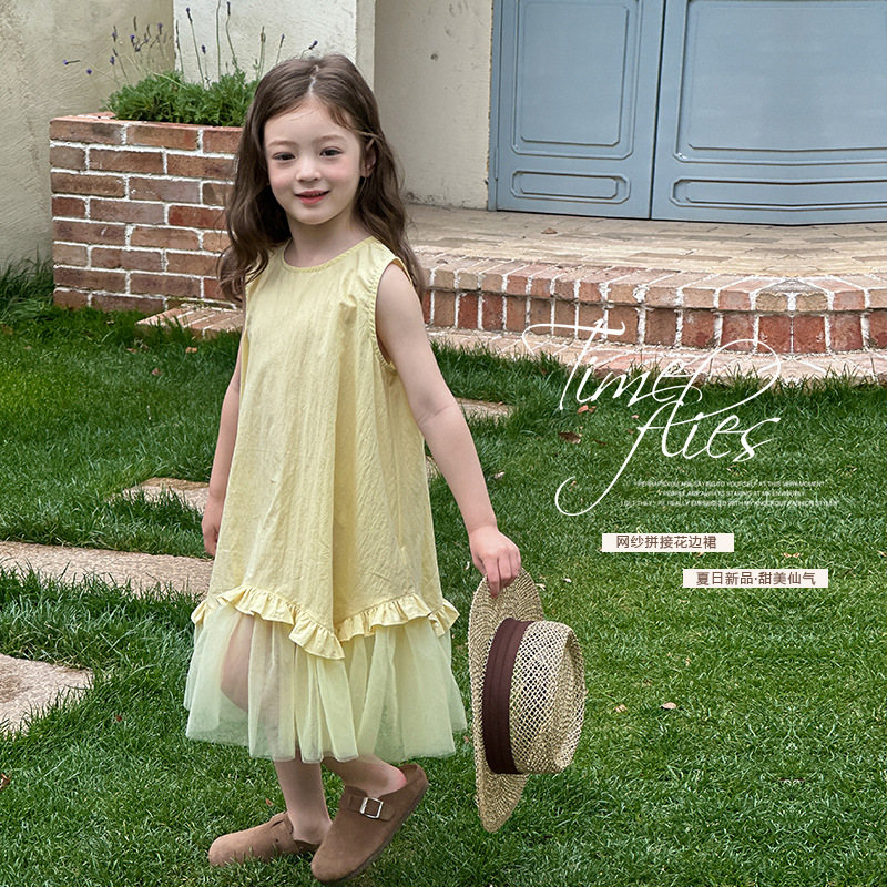 Elmo Beibei Girls Holiday Style Fairy Princess Sleeveless Dress Children's Yellow Mesh Patchwork Tank Top
