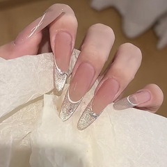 純欲風蜜桃法式指尖星河穿戴甲長杏仁裸粉色漸變千金風美甲貼片