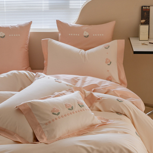 ins style towel embroidery 100 count long-staple cotton four-piece set pure cotton cartoon pure cotton soft quilt cover 1.8 bedding