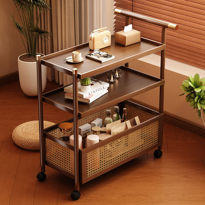 Movable Multifunctional Trolley Bamboo Coffee Table Storage Rack for Dining Room, Bedroom, Bedside, Living Room, Sofa Side