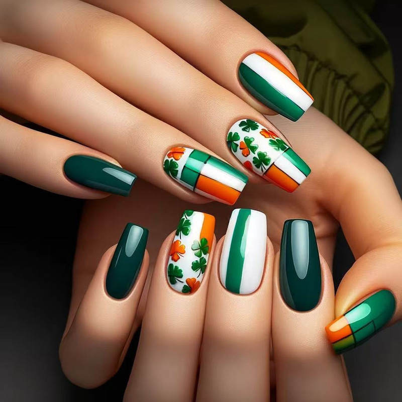 Saint Patrick's Day Irish Flag Lucky Grass Design Chinese Wear Manicure False Nail Pressing Nail Pieces