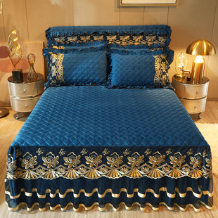 European Crystal Velvet Thickeneded Bed Skirt Single Piece Quilted Bed Cover Warm Coral Velvet Mattress Cover Non-Slip Bed Cover Bed Cover Winter