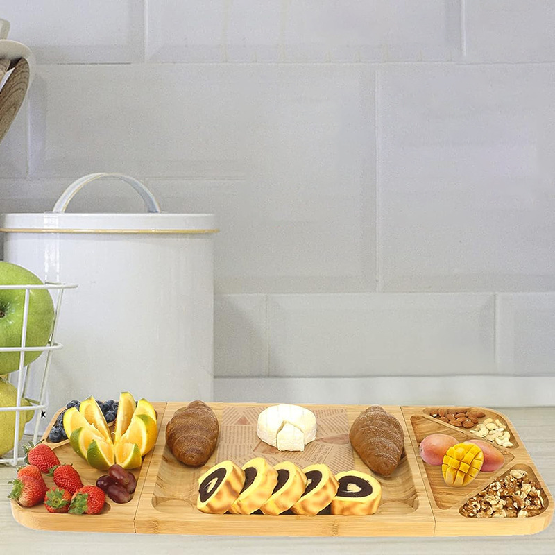 Bandeja de bambú función creativa de empalme tablero de queso traje Carne Queso tabla de cortar madera de bambú plato de servir bandeja de comida cocida