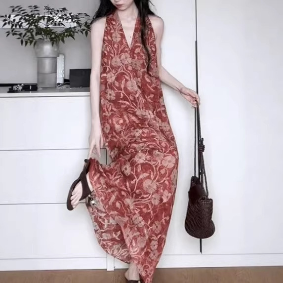 2026 New Product 100% Ramie Printed High-End Halter Neck Red Dress for Women Original Design New Holiday Long Dress